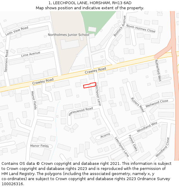 1, LEECHPOOL LANE, HORSHAM, RH13 6AD: Location map and indicative extent of plot