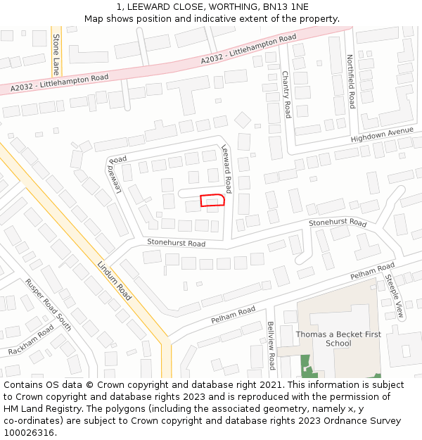 1, LEEWARD CLOSE, WORTHING, BN13 1NE: Location map and indicative extent of plot