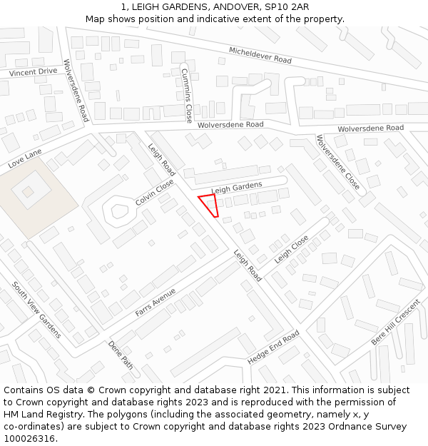 1, LEIGH GARDENS, ANDOVER, SP10 2AR: Location map and indicative extent of plot