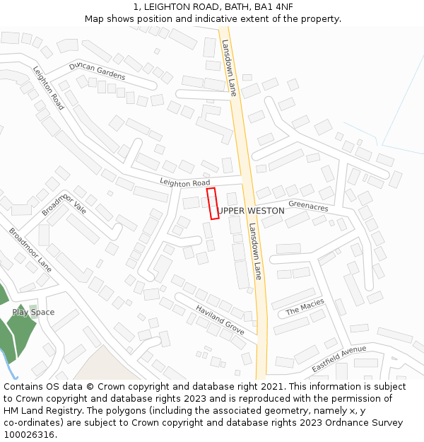 1, LEIGHTON ROAD, BATH, BA1 4NF: Location map and indicative extent of plot