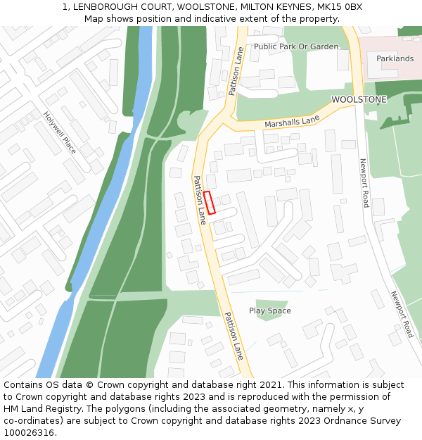 1, LENBOROUGH COURT, WOOLSTONE, MILTON KEYNES, MK15 0BX: Location map and indicative extent of plot