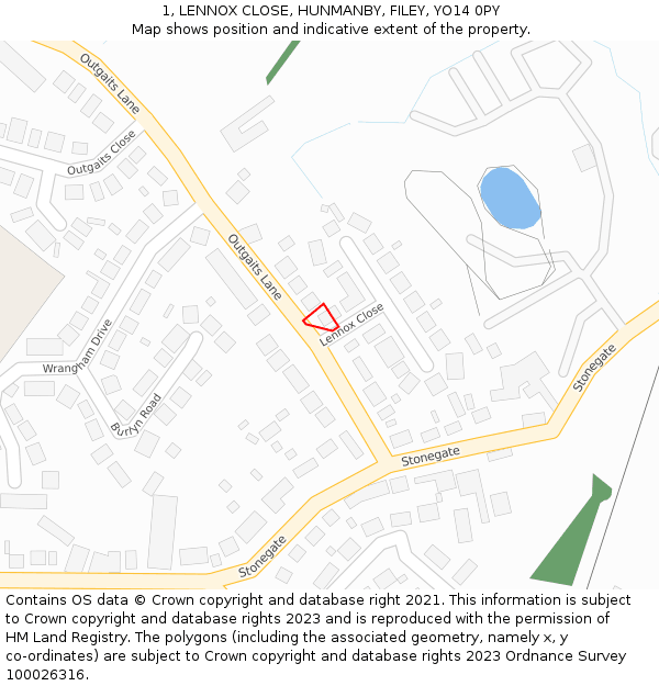 1, LENNOX CLOSE, HUNMANBY, FILEY, YO14 0PY: Location map and indicative extent of plot