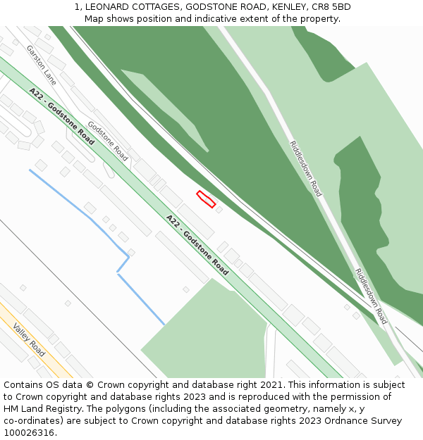1, LEONARD COTTAGES, GODSTONE ROAD, KENLEY, CR8 5BD: Location map and indicative extent of plot