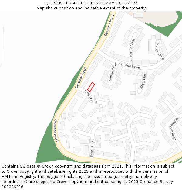 1, LEVEN CLOSE, LEIGHTON BUZZARD, LU7 2XS: Location map and indicative extent of plot