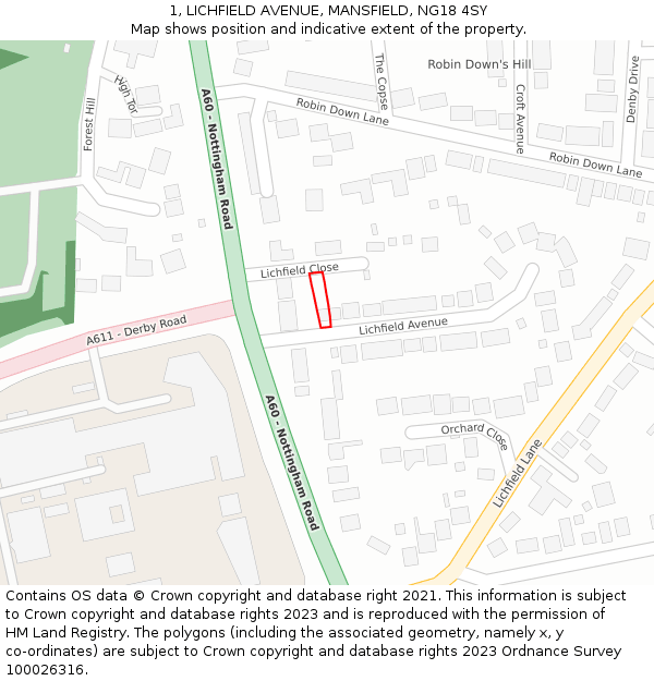 1, LICHFIELD AVENUE, MANSFIELD, NG18 4SY: Location map and indicative extent of plot