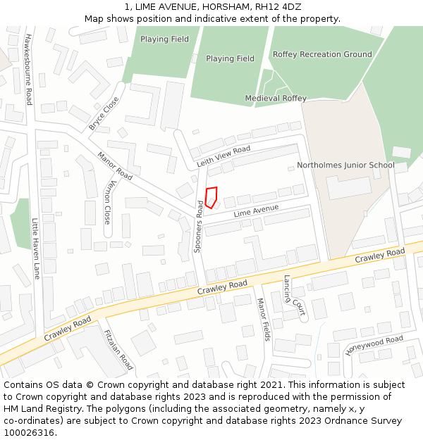 1, LIME AVENUE, HORSHAM, RH12 4DZ: Location map and indicative extent of plot