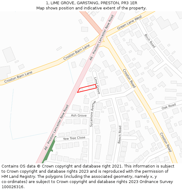 1, LIME GROVE, GARSTANG, PRESTON, PR3 1ER: Location map and indicative extent of plot