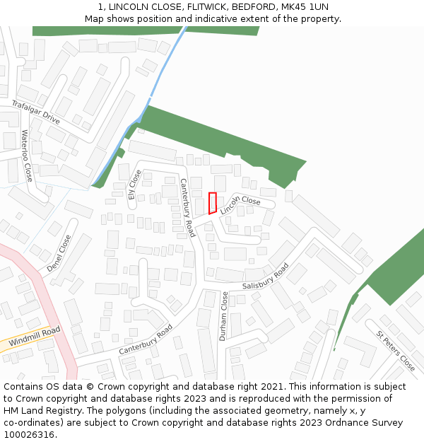 1, LINCOLN CLOSE, FLITWICK, BEDFORD, MK45 1UN: Location map and indicative extent of plot