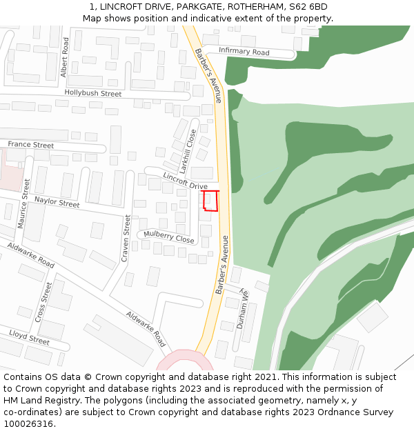 1, LINCROFT DRIVE, PARKGATE, ROTHERHAM, S62 6BD: Location map and indicative extent of plot