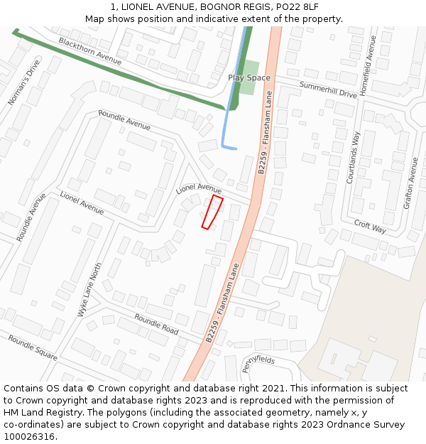 1, LIONEL AVENUE, BOGNOR REGIS, PO22 8LF: Location map and indicative extent of plot