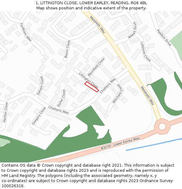 1, LITTINGTON CLOSE, LOWER EARLEY, READING, RG6 4BL: Location map and indicative extent of plot