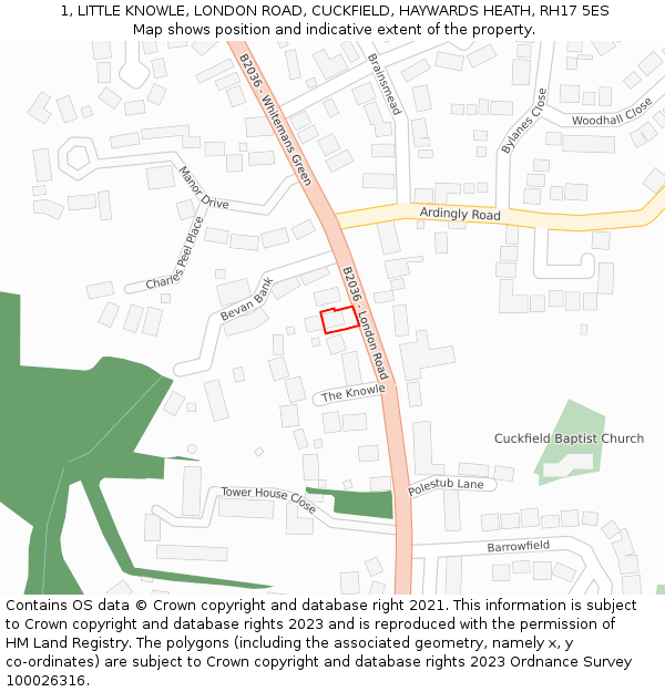 1, LITTLE KNOWLE, LONDON ROAD, CUCKFIELD, HAYWARDS HEATH, RH17 5ES: Location map and indicative extent of plot