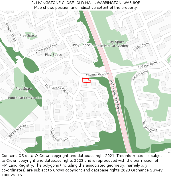 1, LIVINGSTONE CLOSE, OLD HALL, WARRINGTON, WA5 8QB: Location map and indicative extent of plot