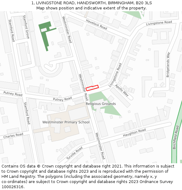 1, LIVINGSTONE ROAD, HANDSWORTH, BIRMINGHAM, B20 3LS: Location map and indicative extent of plot