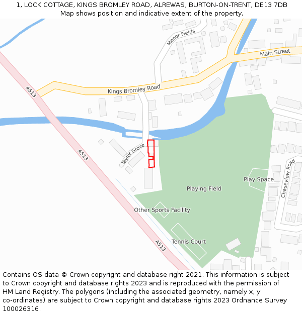 1, LOCK COTTAGE, KINGS BROMLEY ROAD, ALREWAS, BURTON-ON-TRENT, DE13 7DB: Location map and indicative extent of plot