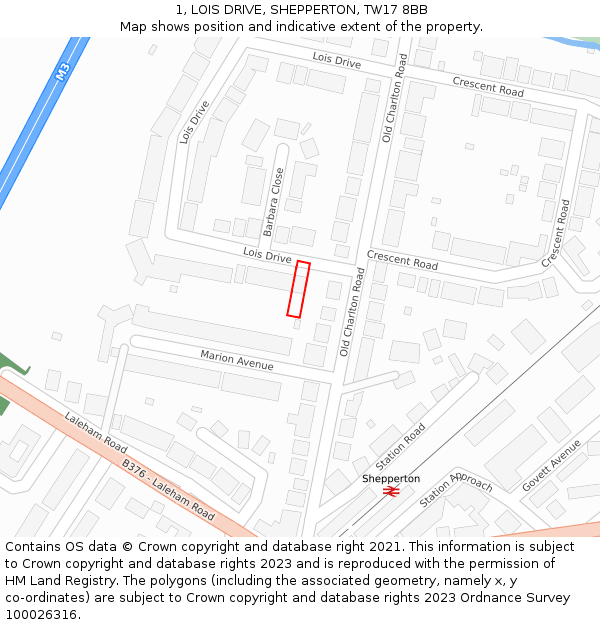 1, LOIS DRIVE, SHEPPERTON, TW17 8BB: Location map and indicative extent of plot