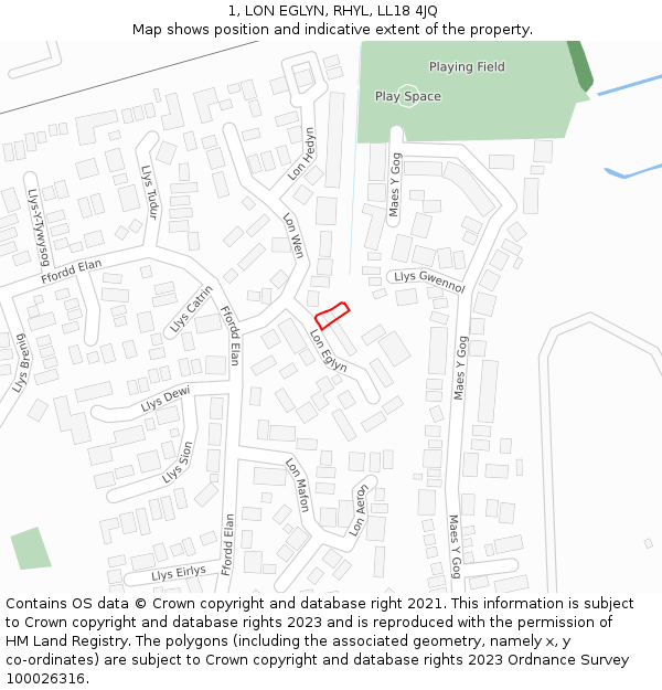 1, LON EGLYN, RHYL, LL18 4JQ: Location map and indicative extent of plot