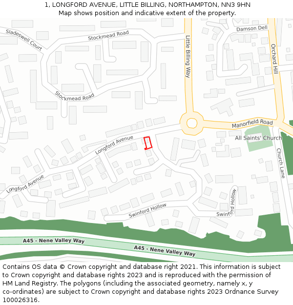 1, LONGFORD AVENUE, LITTLE BILLING, NORTHAMPTON, NN3 9HN: Location map and indicative extent of plot