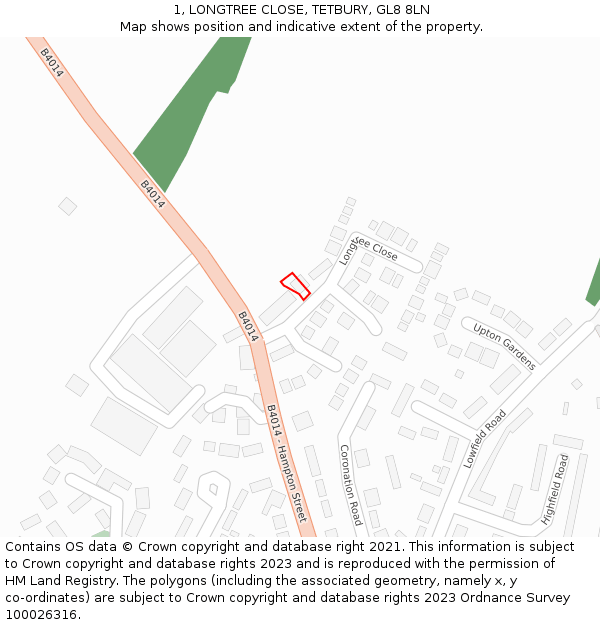 1, LONGTREE CLOSE, TETBURY, GL8 8LN: Location map and indicative extent of plot