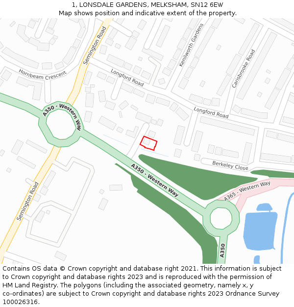 1, LONSDALE GARDENS, MELKSHAM, SN12 6EW: Location map and indicative extent of plot