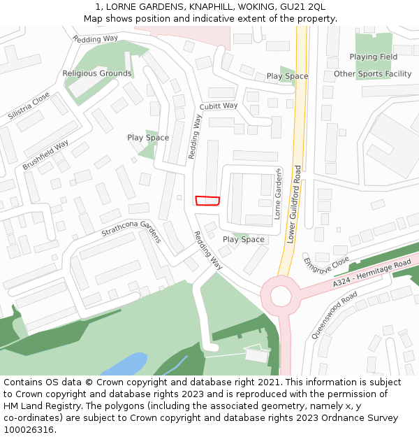 1, LORNE GARDENS, KNAPHILL, WOKING, GU21 2QL: Location map and indicative extent of plot