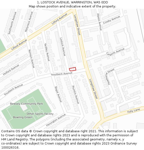 1, LOSTOCK AVENUE, WARRINGTON, WA5 0DD: Location map and indicative extent of plot