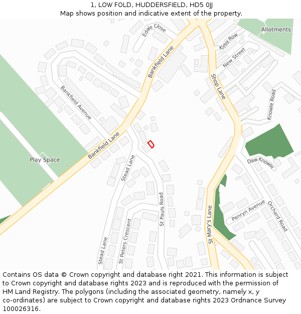 1, LOW FOLD, HUDDERSFIELD, HD5 0JJ: Location map and indicative extent of plot