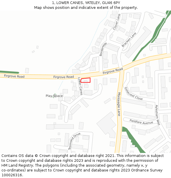 1, LOWER CANES, YATELEY, GU46 6PY: Location map and indicative extent of plot