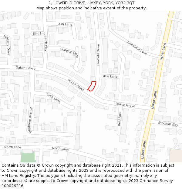 1, LOWFIELD DRIVE, HAXBY, YORK, YO32 3QT: Location map and indicative extent of plot