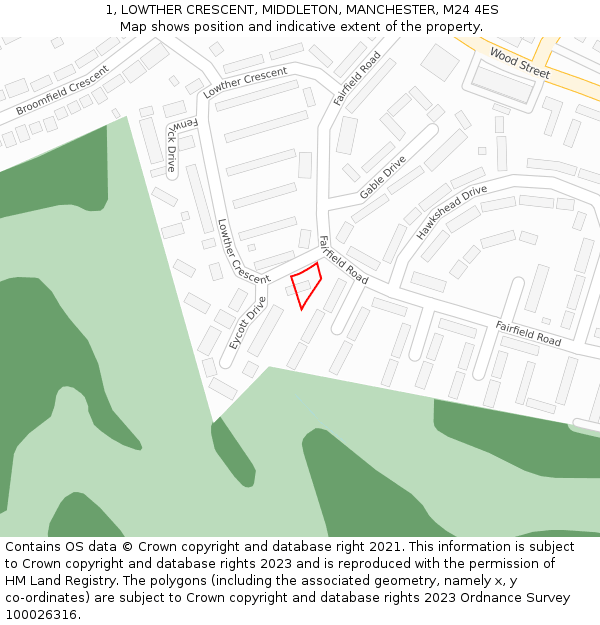 1, LOWTHER CRESCENT, MIDDLETON, MANCHESTER, M24 4ES: Location map and indicative extent of plot