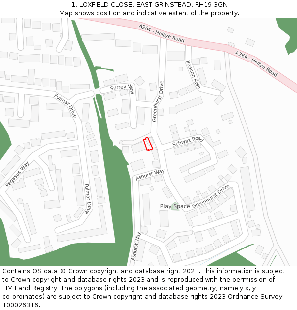 1, LOXFIELD CLOSE, EAST GRINSTEAD, RH19 3GN: Location map and indicative extent of plot