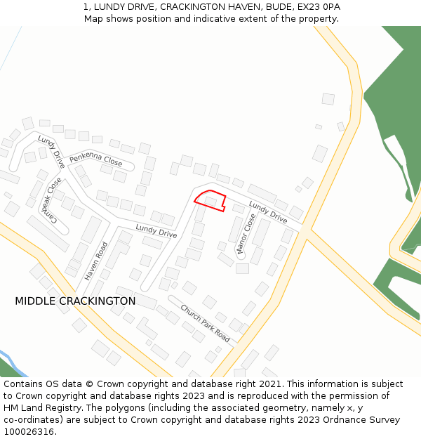 1, LUNDY DRIVE, CRACKINGTON HAVEN, BUDE, EX23 0PA: Location map and indicative extent of plot