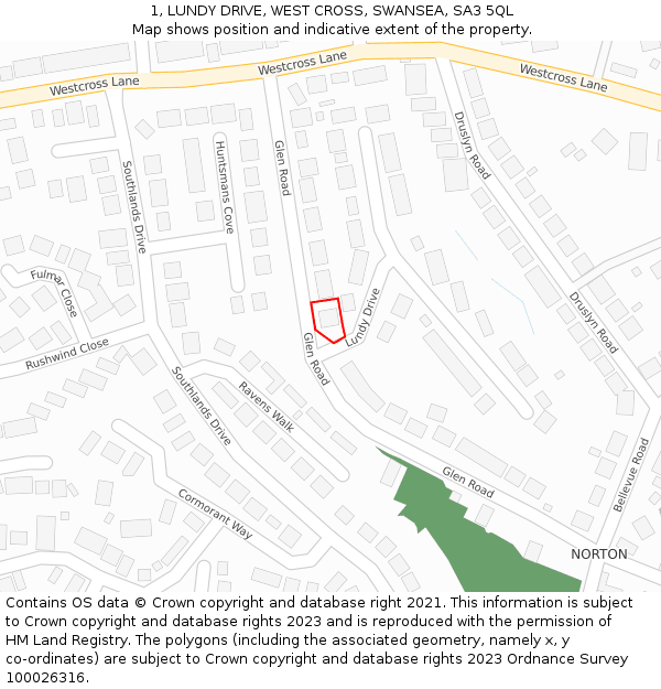 1, LUNDY DRIVE, WEST CROSS, SWANSEA, SA3 5QL: Location map and indicative extent of plot