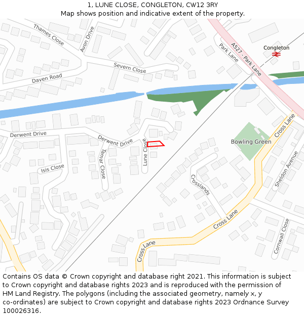 1, LUNE CLOSE, CONGLETON, CW12 3RY: Location map and indicative extent of plot