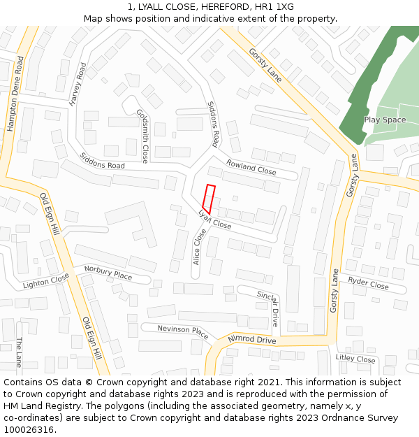 1, LYALL CLOSE, HEREFORD, HR1 1XG: Location map and indicative extent of plot