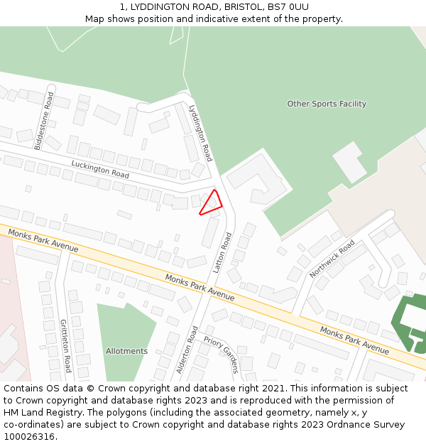 1, LYDDINGTON ROAD, BRISTOL, BS7 0UU: Location map and indicative extent of plot