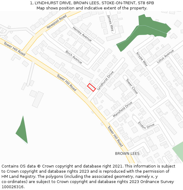 1, LYNDHURST DRIVE, BROWN LEES, STOKE-ON-TRENT, ST8 6PB: Location map and indicative extent of plot