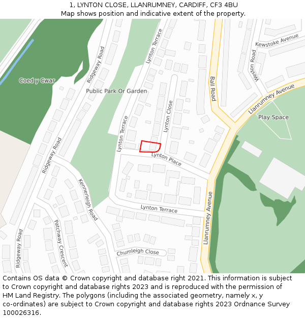 1, LYNTON CLOSE, LLANRUMNEY, CARDIFF, CF3 4BU: Location map and indicative extent of plot