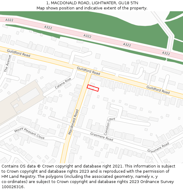 1, MACDONALD ROAD, LIGHTWATER, GU18 5TN: Location map and indicative extent of plot