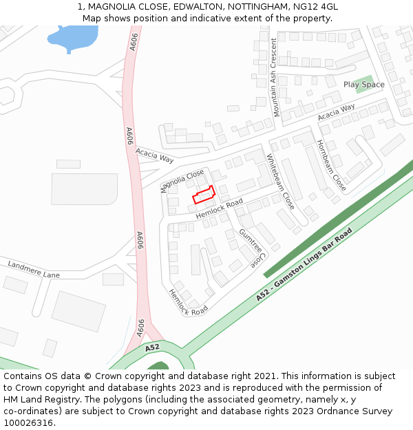 1, MAGNOLIA CLOSE, EDWALTON, NOTTINGHAM, NG12 4GL: Location map and indicative extent of plot