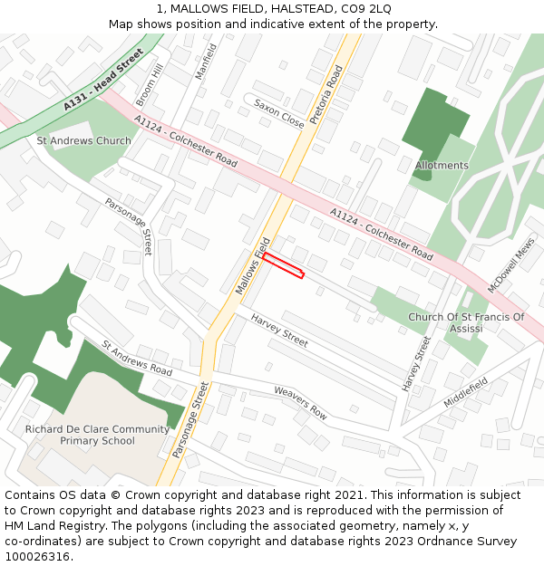 1, MALLOWS FIELD, HALSTEAD, CO9 2LQ: Location map and indicative extent of plot