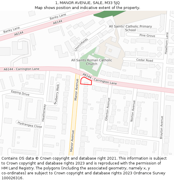 1, MANOR AVENUE, SALE, M33 5JQ: Location map and indicative extent of plot