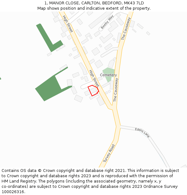 1, MANOR CLOSE, CARLTON, BEDFORD, MK43 7LD: Location map and indicative extent of plot