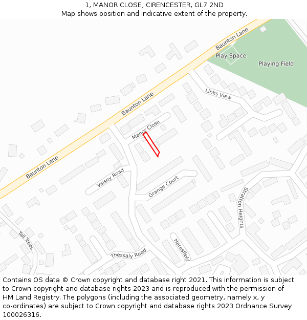 1, MANOR CLOSE, CIRENCESTER, GL7 2ND: Location map and indicative extent of plot