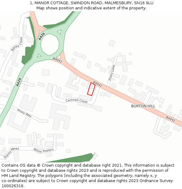 1, MANOR COTTAGE, SWINDON ROAD, MALMESBURY, SN16 9LU: Location map and indicative extent of plot