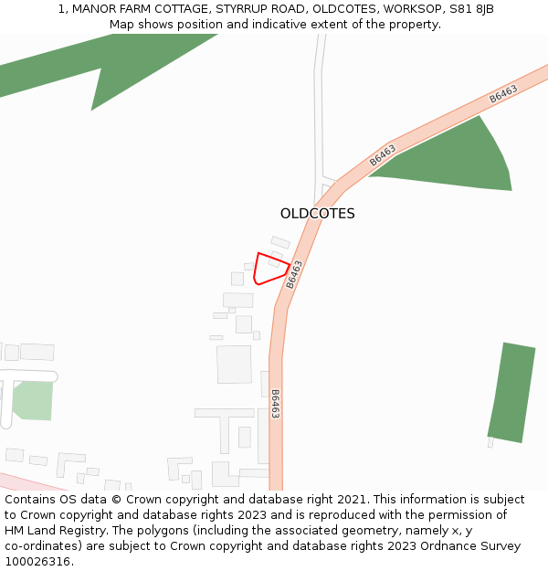 1, MANOR FARM COTTAGE, STYRRUP ROAD, OLDCOTES, WORKSOP, S81 8JB: Location map and indicative extent of plot