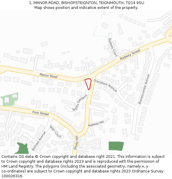 1, MANOR ROAD, BISHOPSTEIGNTON, TEIGNMOUTH, TQ14 9SU: Location map and indicative extent of plot