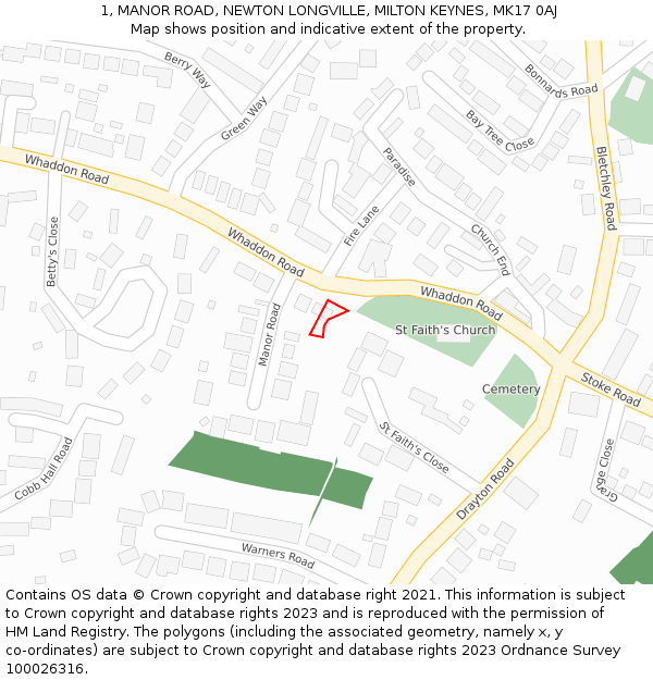1, MANOR ROAD, NEWTON LONGVILLE, MILTON KEYNES, MK17 0AJ: Location map and indicative extent of plot