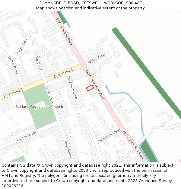 1, MANSFIELD ROAD, CRESWELL, WORKSOP, S80 4AB: Location map and indicative extent of plot