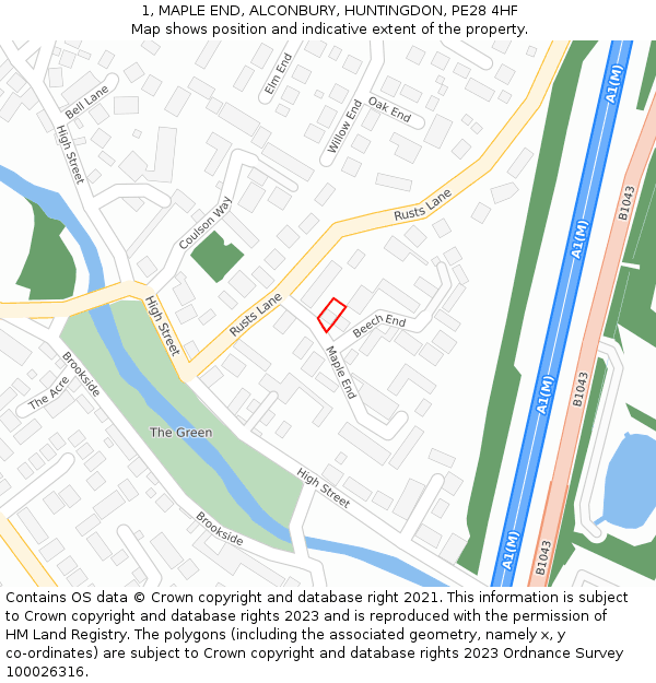 1, MAPLE END, ALCONBURY, HUNTINGDON, PE28 4HF: Location map and indicative extent of plot